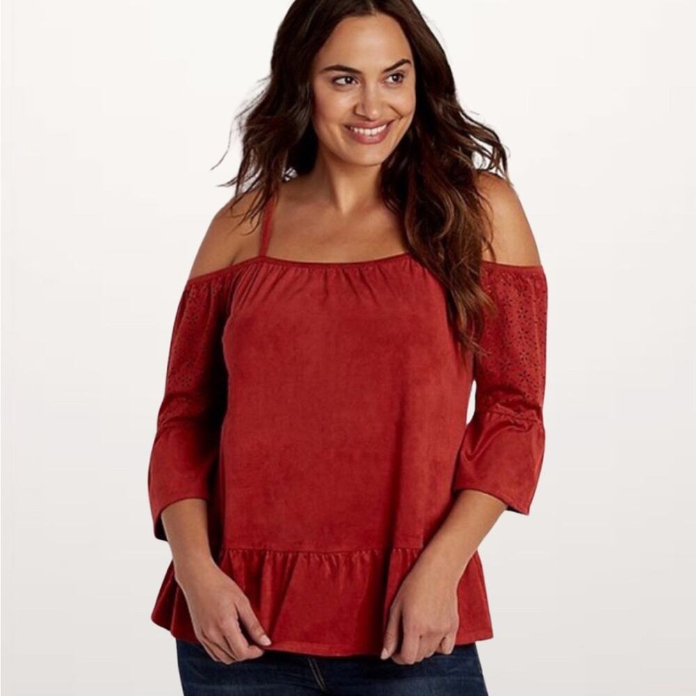 Maurices Women Blouse Orange Bell Sleeve Cold Shoulder Spaghetti Suede, Medium